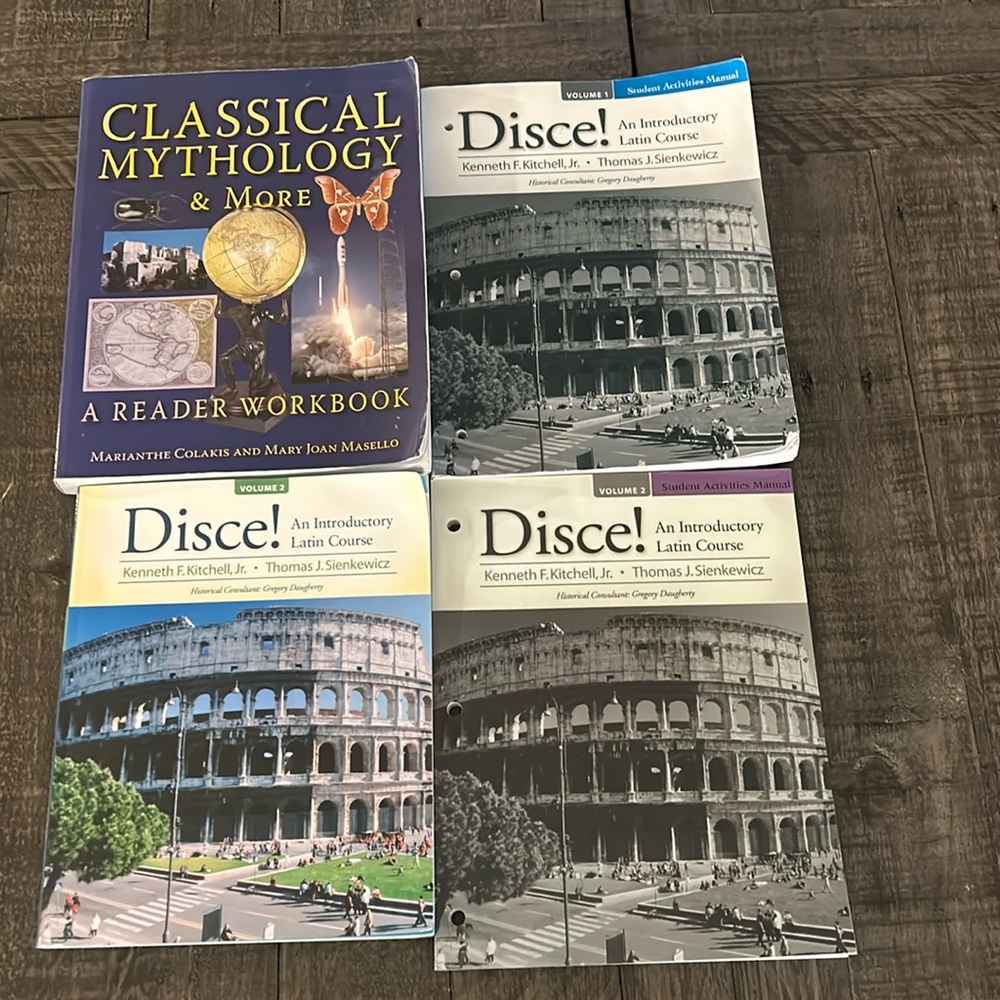 Latin class and Classical Mythology books.